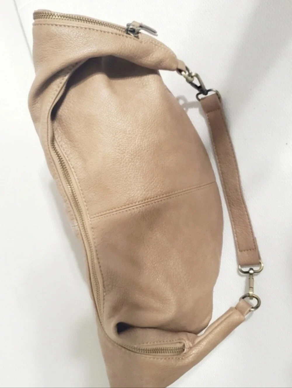 Joy Susan Rhea Slouchy Crescent Hobo Shoulder Bag Tan Vegan Leather